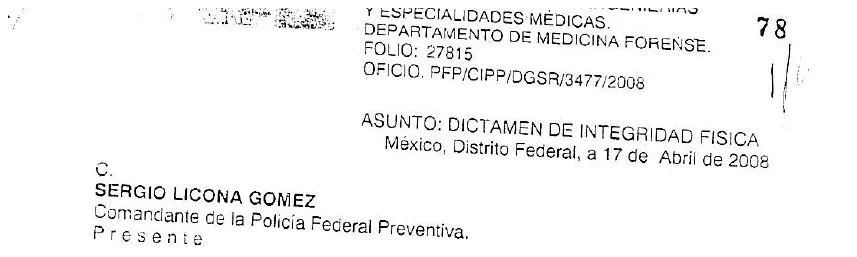 Encabezado del dictamen de integridad física de la PGR
