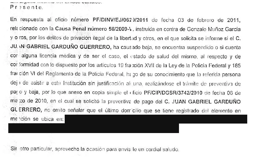 Oficio de la Policía Federal sobre la baja de Garduño Guerrero